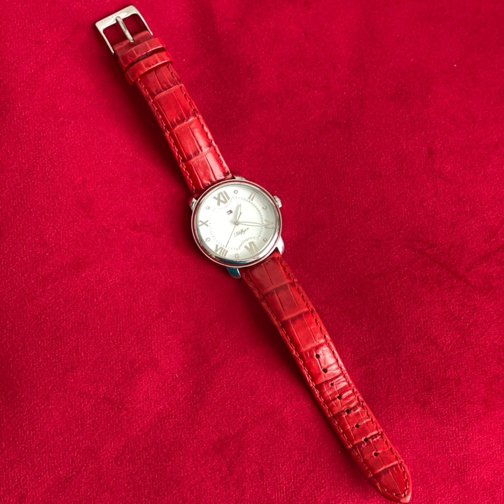 Tommy Hilfiger Red band and Silver face watch